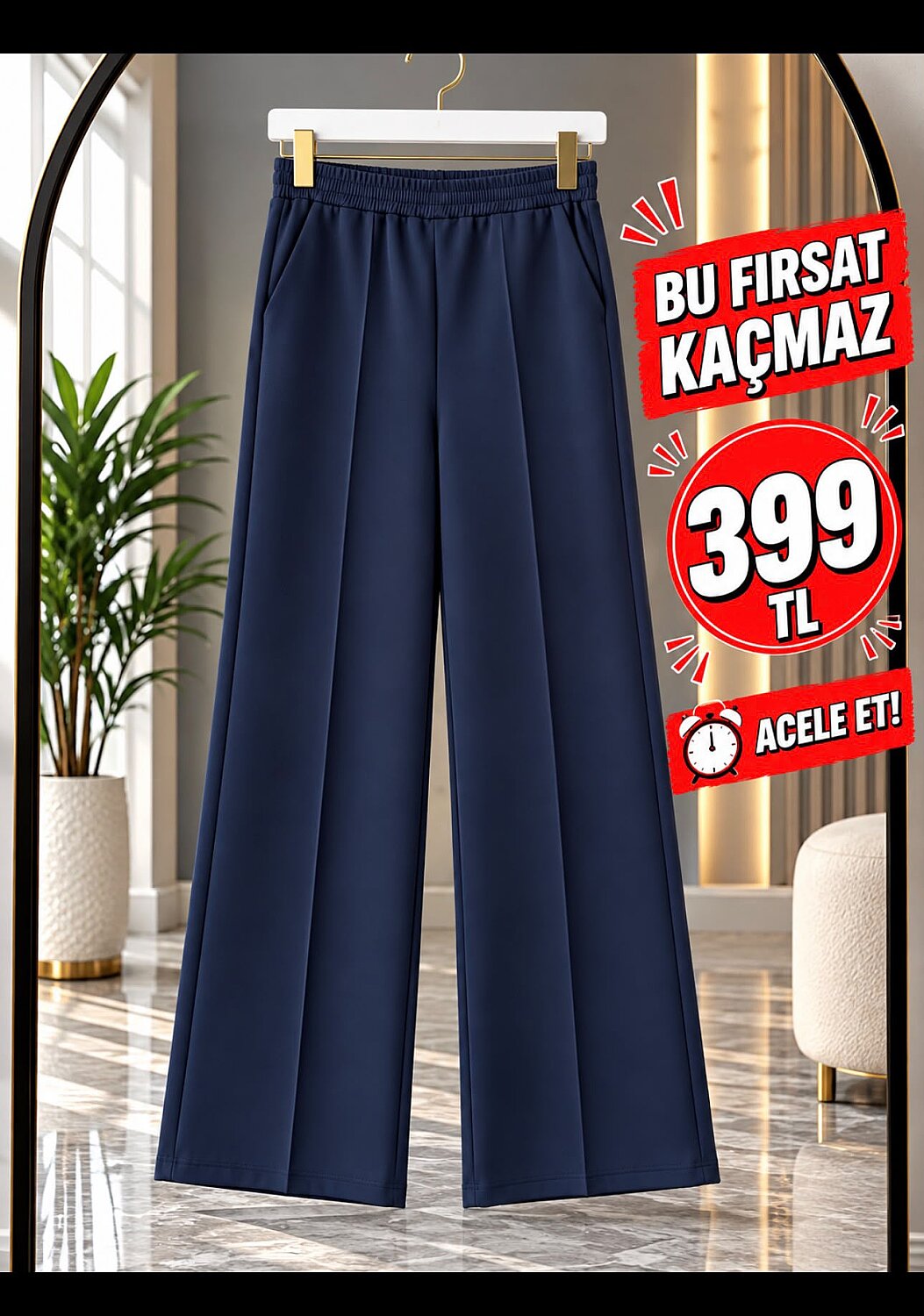 1013 Scuba Kumaş Beli Lastikli Cepli Bol Paça Pantolon - Lacivert - 2