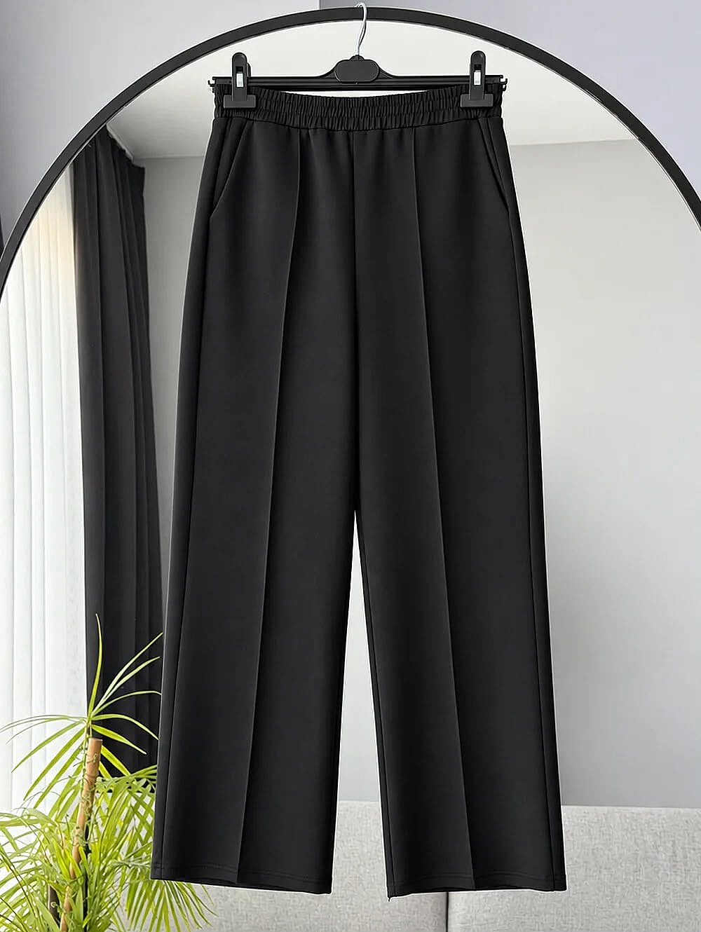 1013 Scuba Kumaş Beli Lastikli Cepli Bol Paça Pantolon - Siyah - 1