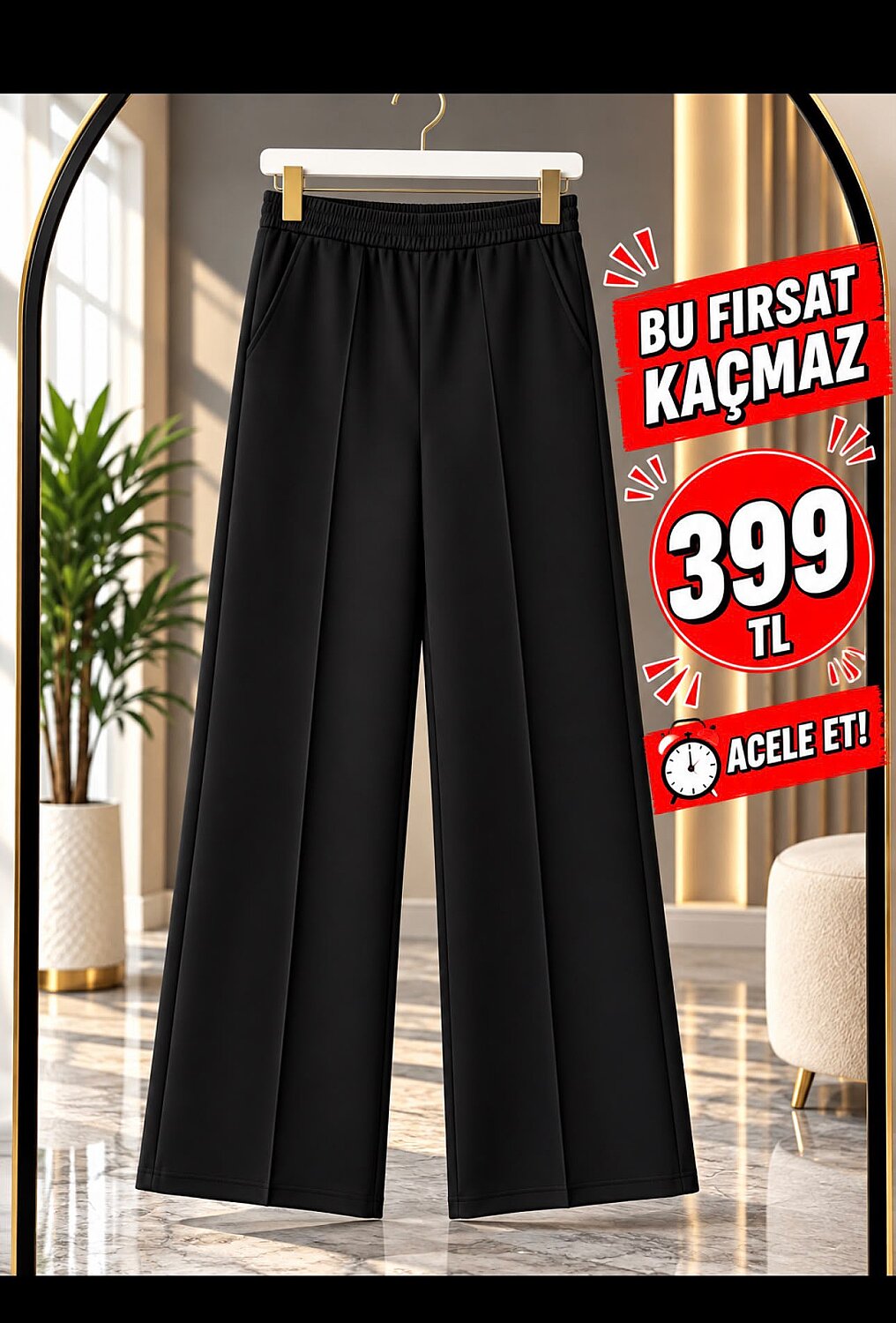 1013 Scuba Kumaş Beli Lastikli Cepli Bol Paça Pantolon - Siyah - 2