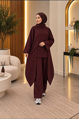 Süet Kumaş Asimetrik Kesim Tunik Pantolon Takım - Bordo 22086