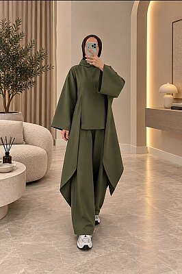 Süet Kumaş Asimetrik Kesim Tunik Pantolon Takım - Haki 22086