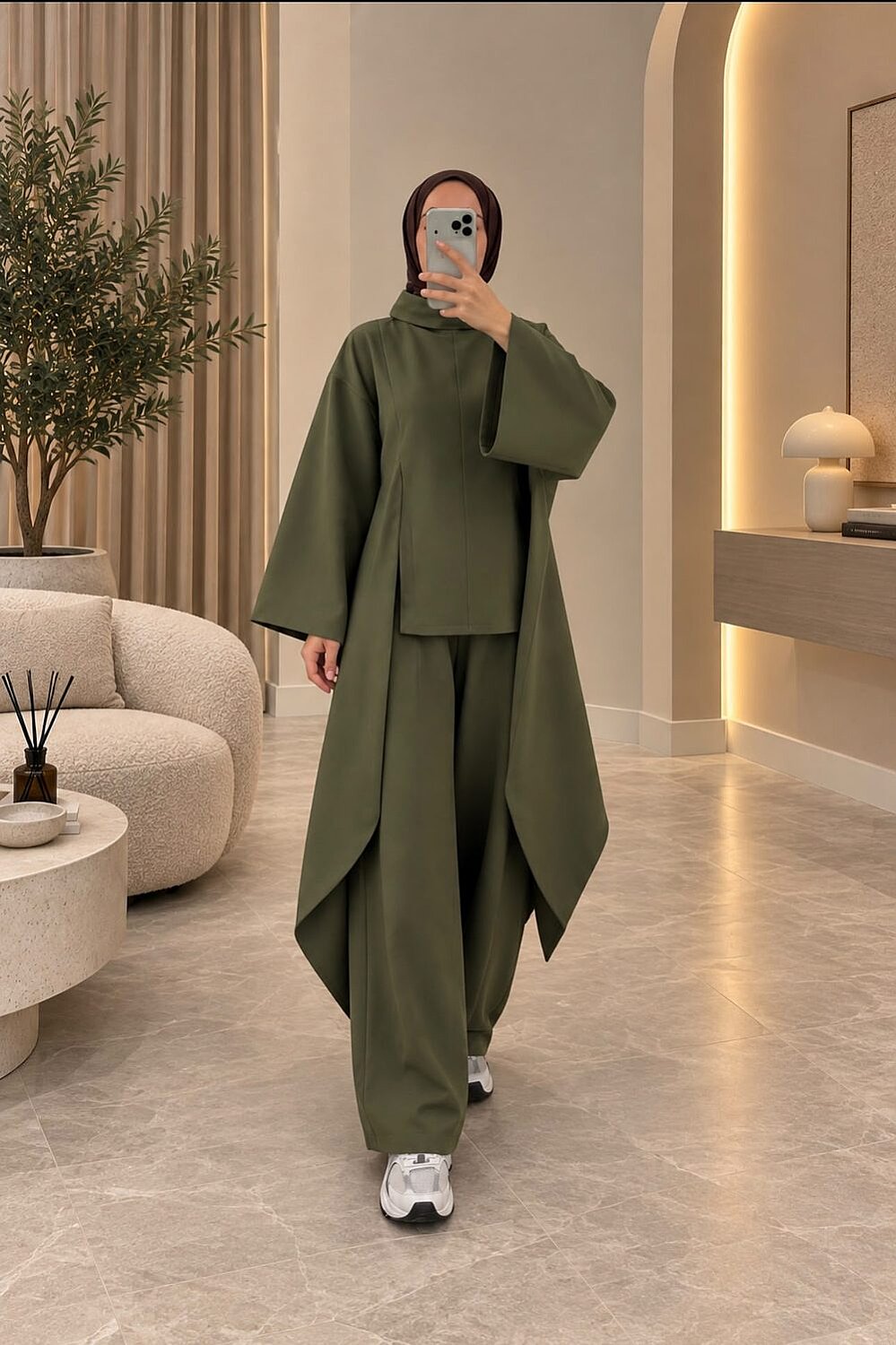 Süet Kumaş Asimetrik Kesim Tunik Pantolon Takım - Haki 22086 - 1
