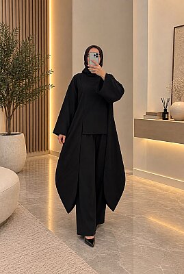 Süet Kumaş Asimetrik Kesim Tunik Pantolon Takım - Siyah 22086