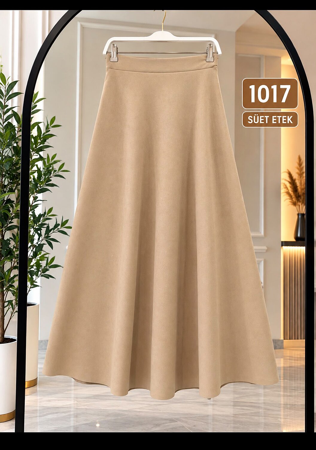 Süet Kumaş Esnek Kloş Maxi Etek - Bej 1017 - 1