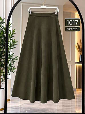 Süet Kumaş Esnek Kloş Maxi Etek - Haki 1017