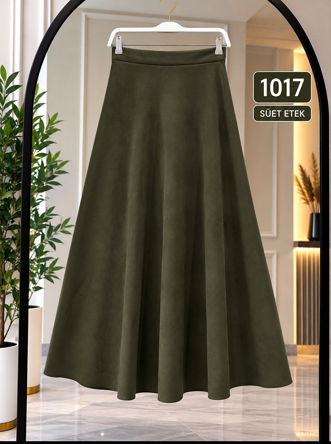 Süet Kumaş Esnek Kloş Maxi Etek - Haki 1017 - 1