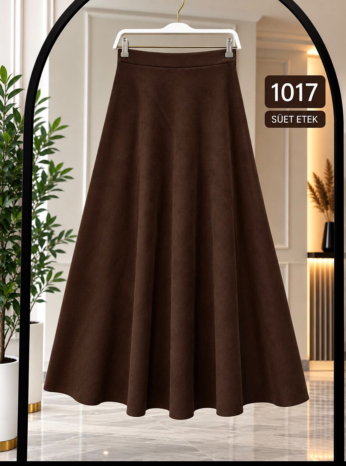Süet Kumaş Esnek Kloş Maxi Etek - Kahverengi 1017 - 1