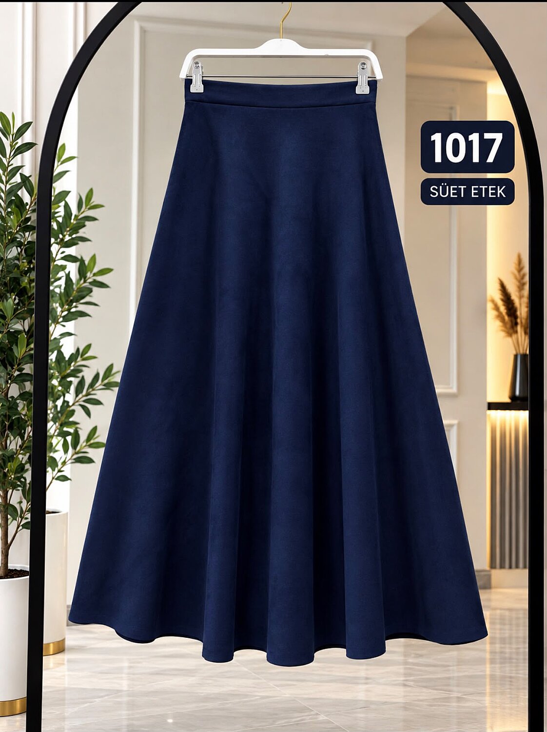 Süet Kumaş Esnek Kloş Maxi Etek - Lacivert 1017 - 1
