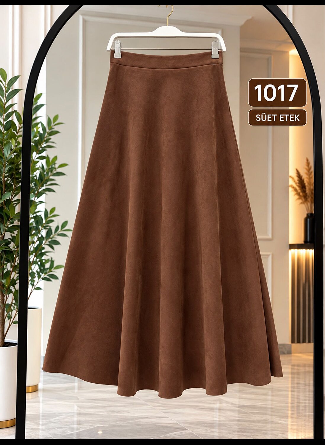 Süet Kumaş Esnek Kloş Maxi Etek - Taba 1017 - 1