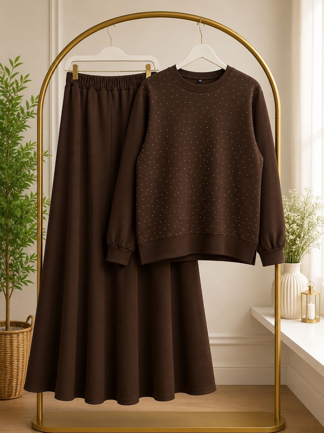Sweatshirt & Etek Takım-Kahverengi - 1