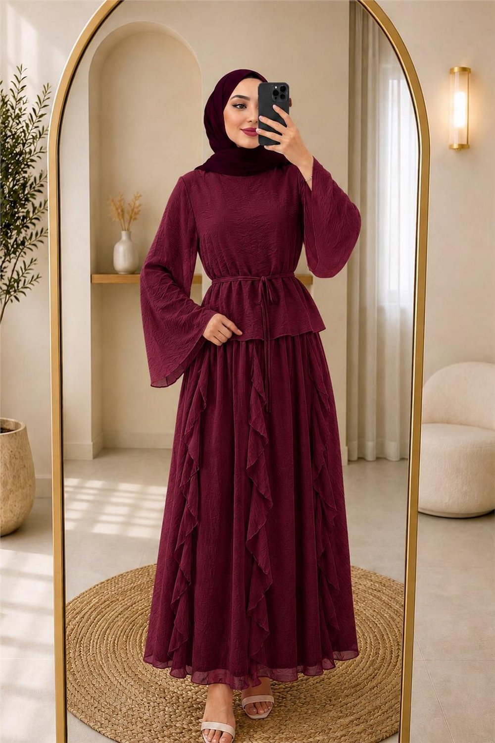 Takım Etek Fırfırlı Kumaş Lilium-Bordo - 1