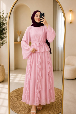 Takım Etek Fırfırlı Kumaş Lilium-Pembe