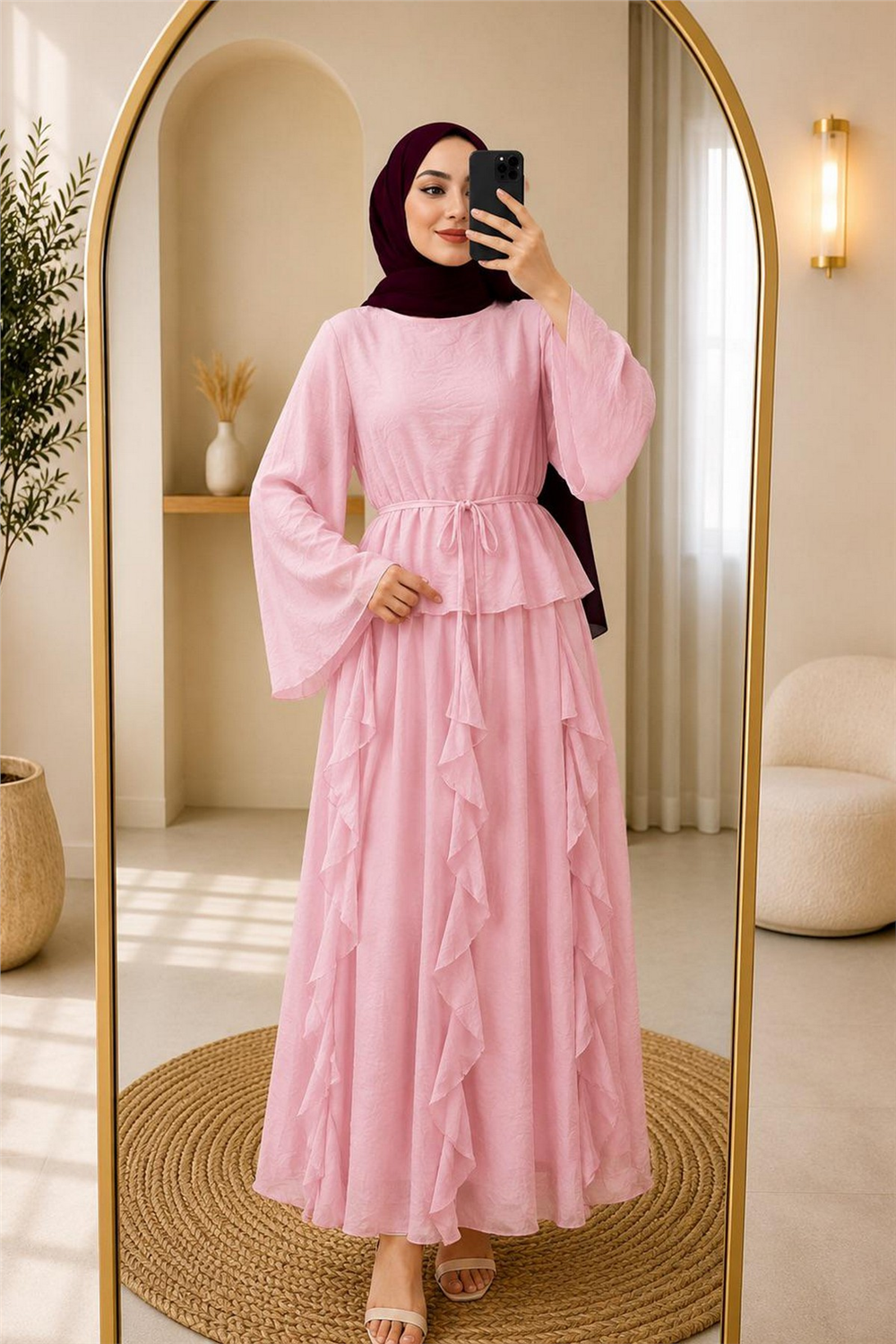 Takım Etek Fırfırlı Kumaş Lilium-Pembe - 1