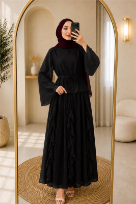 Takım Etek Fırfırlı Kumaş Lilium-Siyah