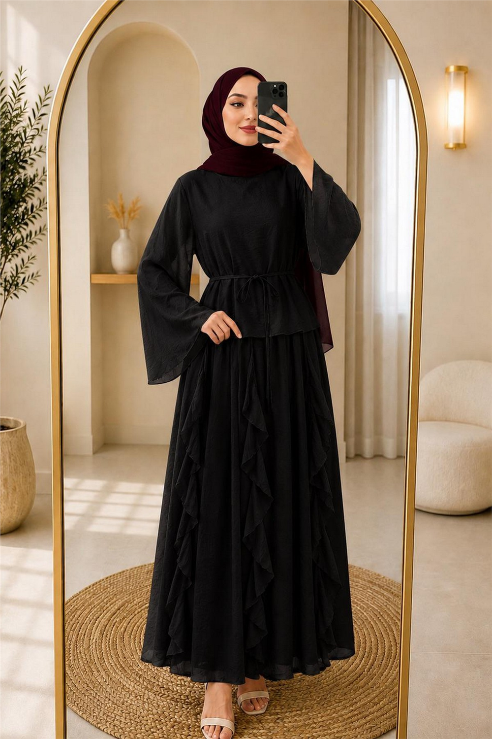 Takım Etek Fırfırlı Kumaş Lilium-Siyah - 1