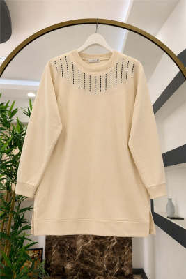 Taşlı Tunik Kumaş Vortex-Krem