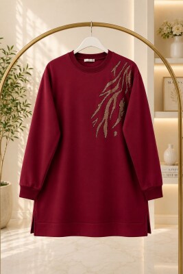 Taşlı Tunik Kumaş Vortex Omuz Detay-Bordo