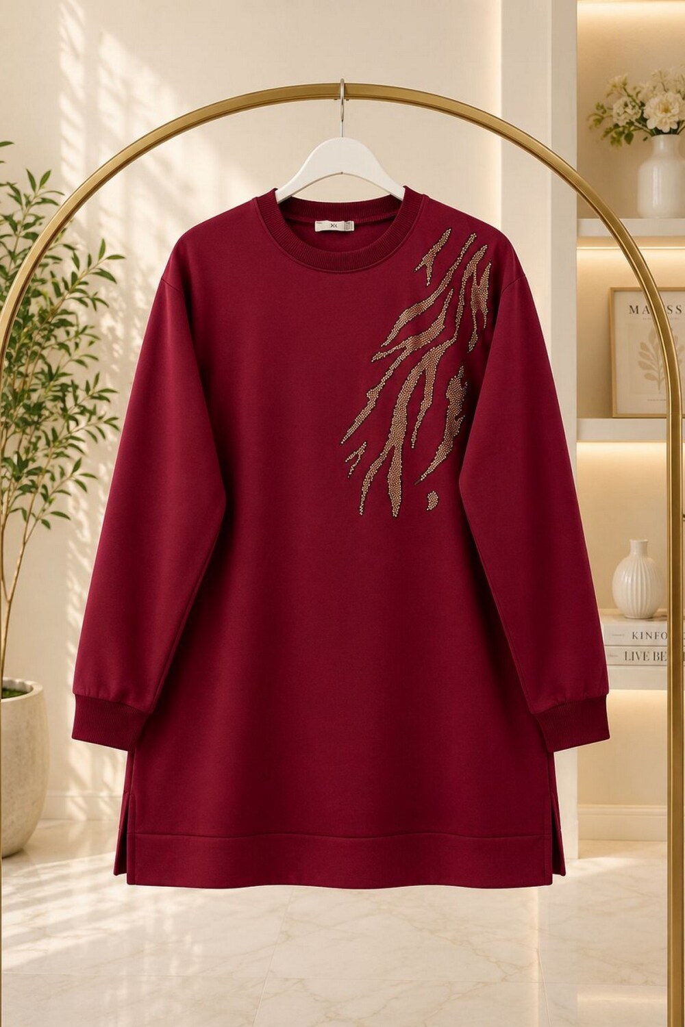 Taşlı Tunik Kumaş Vortex Omuz Detay-Bordo - 1