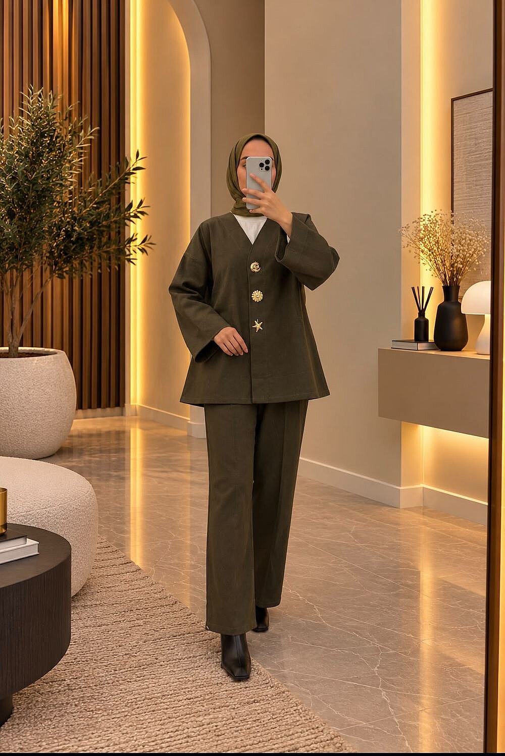 Tensel Kumaş Altın Düğmeli Ceket Pantolon Takım - Haki 22092 - 1