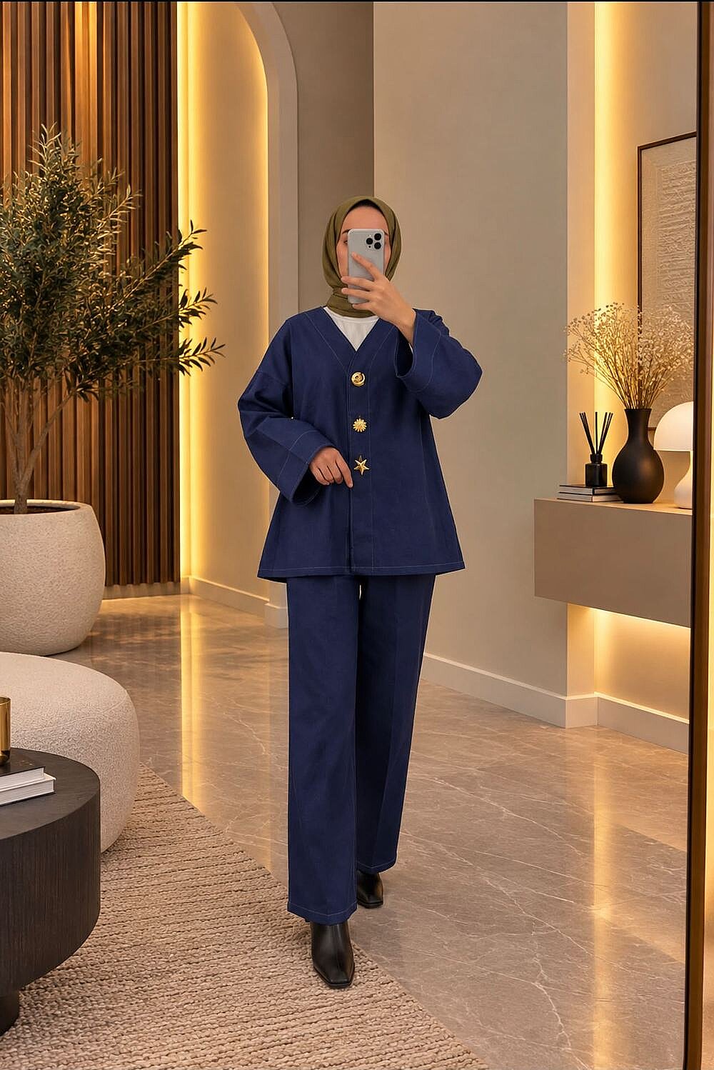 Tensel Kumaş Altın Düğmeli Ceket Pantolon Takım - Lacivert 22092 - 1