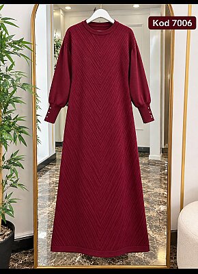 Triko Balıksırtı Desenli Uzun Elbise - Bordo 7006