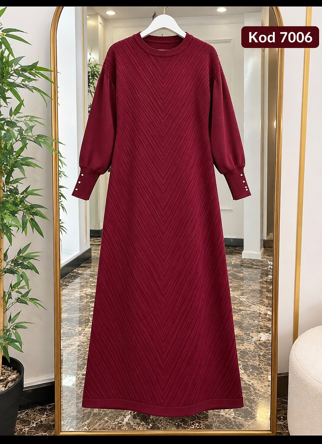 Triko Balıksırtı Desenli Uzun Elbise - Bordo 7006 - 1
