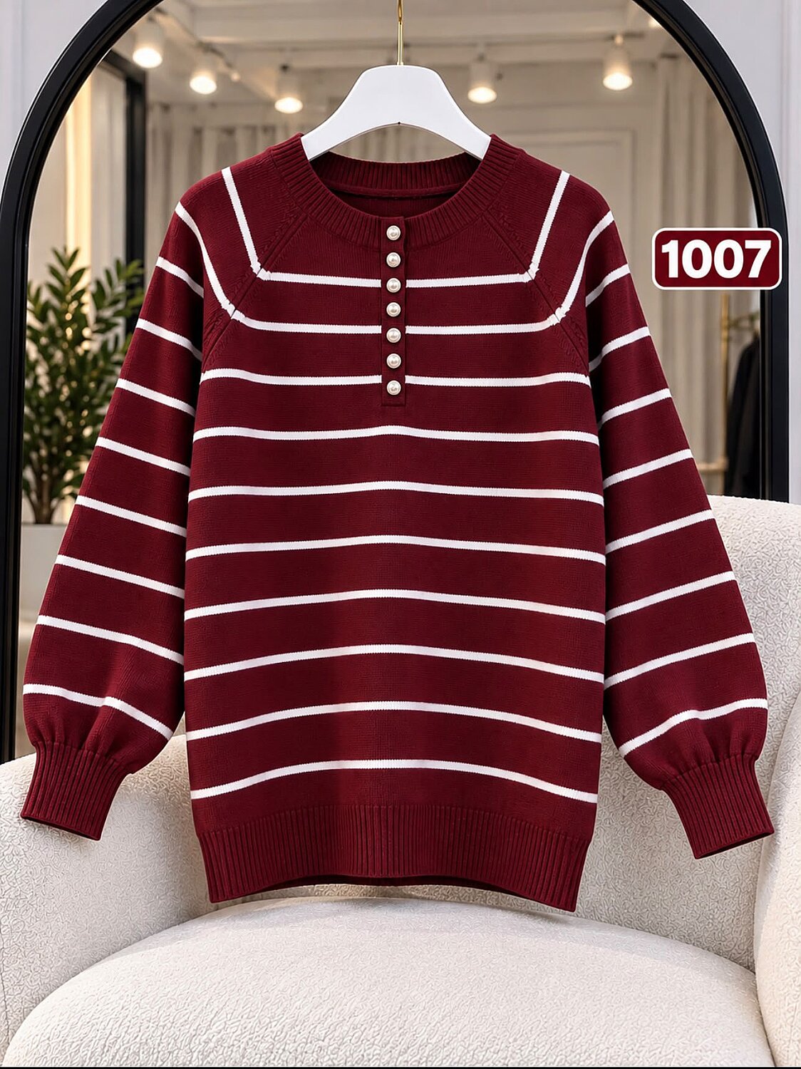 Triko Çizgili Düğmeli Yaka Kazak - Bordo 1007 - 1