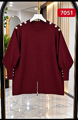 Triko Omzu Düğmeli Bluz - Bordo 7051