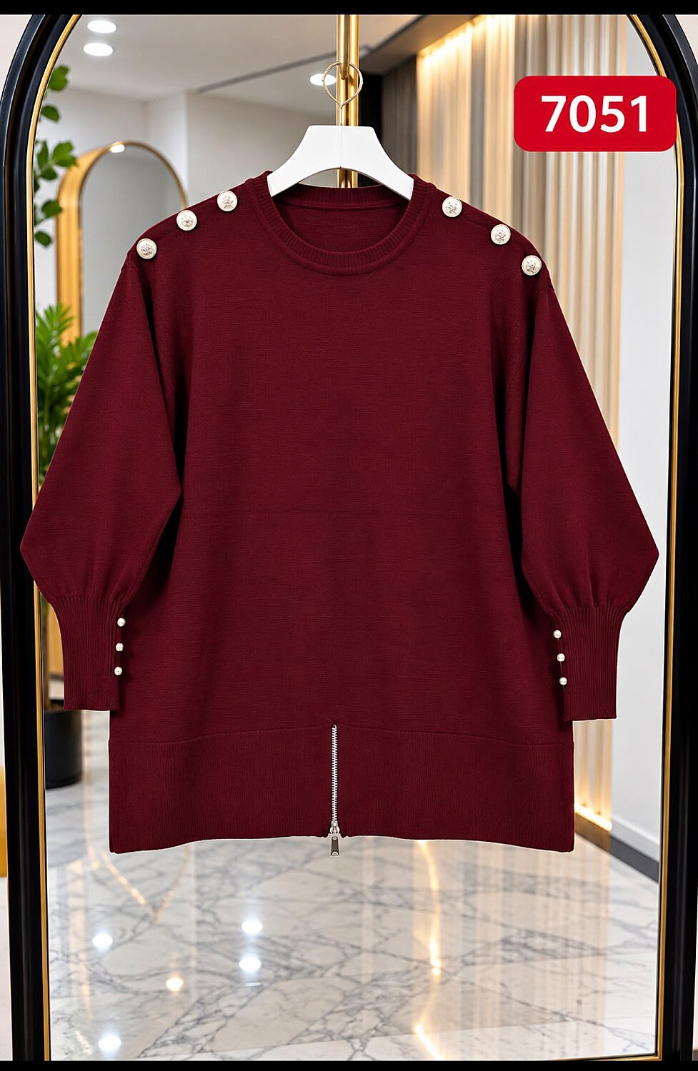 Triko Omzu Düğmeli Bluz - Bordo 7051 - 1