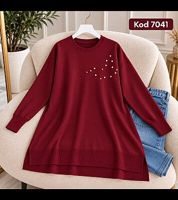 Triko Taşlı Bluz - Bordo 7030