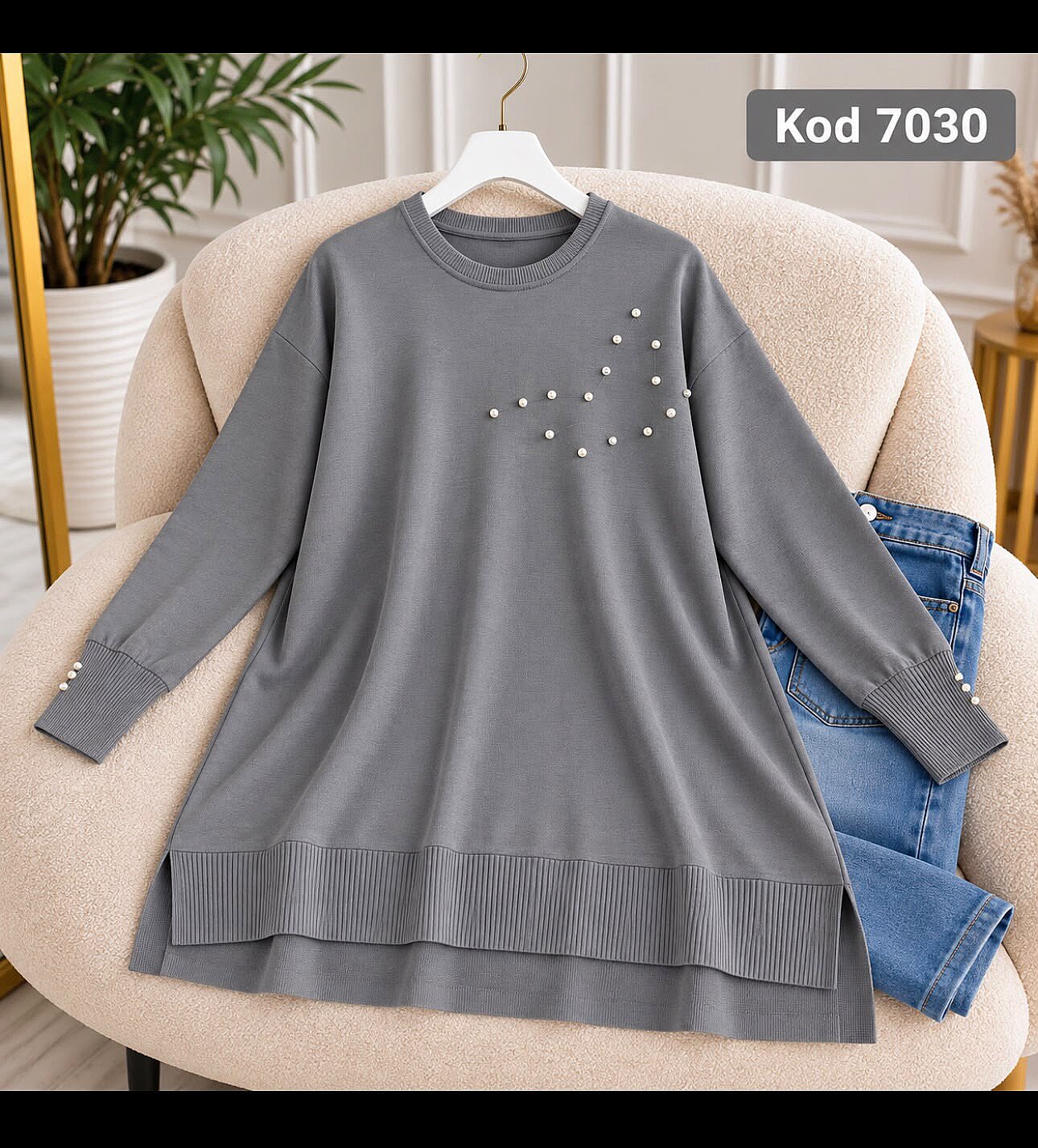 Triko Taşlı Bluz - Gri 7030 - 1