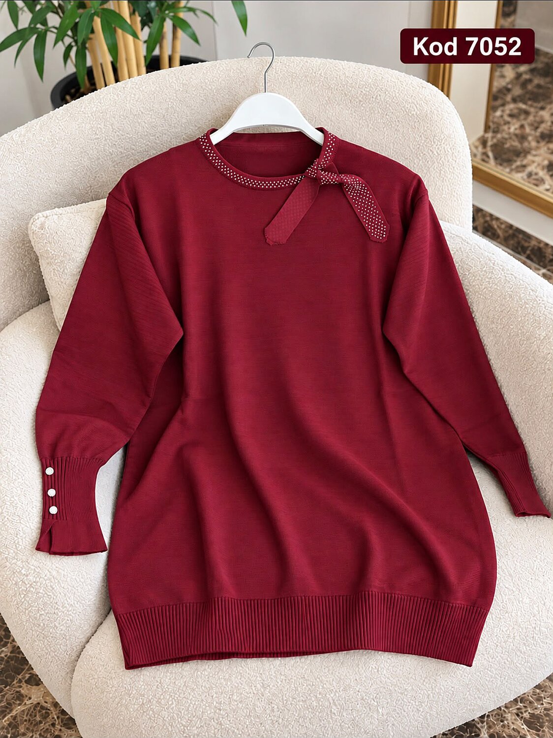 Triko Taşlı Fiyonk Yaka Tunik - Bordo 7052 - 1