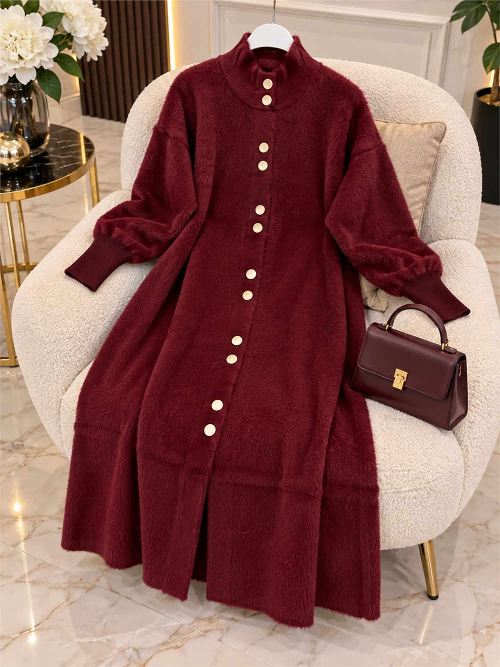 Triko Yomoş Düğmeli Uzun Hırka - Bordo 920 - 1