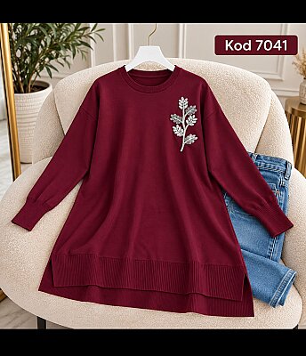 7041 Yaprak Taş Detaylı Triko Tunik - Bordo