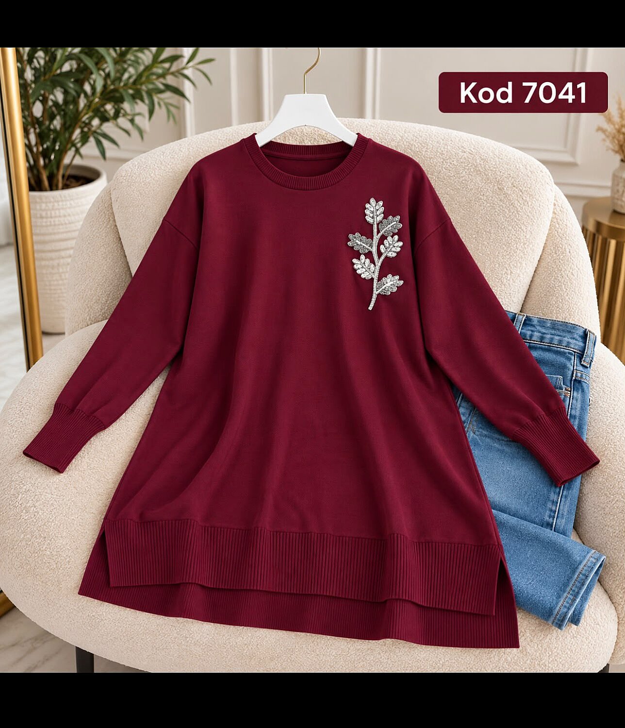 7041 Yaprak Taş Detaylı Triko Tunik - Bordo - 1