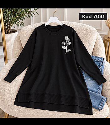 7041 Yaprak Taş Detaylı Triko Tunik - Siyah